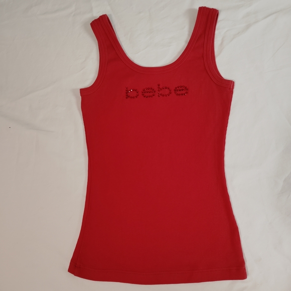 bebe Red Ribbed Tank with Rhinestone Logo Detail - Picture 2 of 7